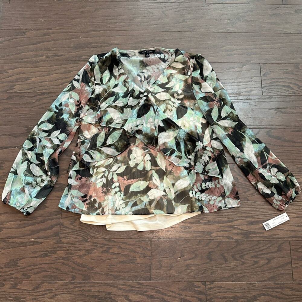 Zac & Rachel Sheer Floral Ruffle Blouse Dusty Olive Multi  Size Small NWT - Picture 2 of 11